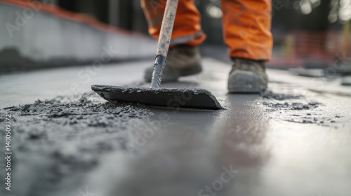 Concrete finisher smoothing a surface with a float. Featuring skill and technique