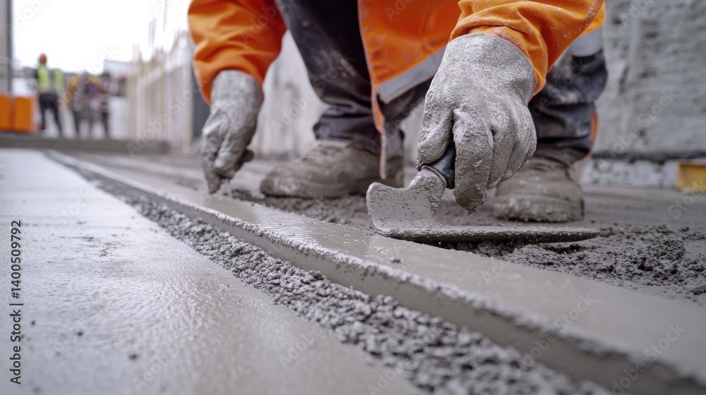 Concrete finisher smoothing the surface of a sidewalk. Featuring precision and skill Concrete finisher smoothing the surface of a sidewalk. Featuring precision and skill