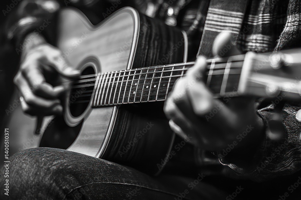 Fototapeta premium Acoustic Guitar Player in Nature Black and White Photography Close-Up of Hands and Strings
