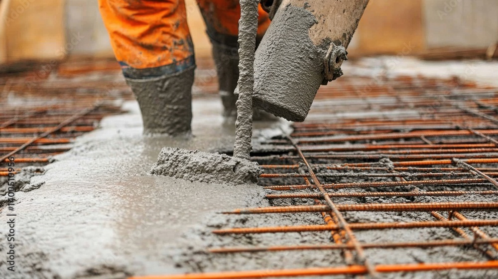 Concrete pump operator pouring cement into foundation molds. Featuring precision and safety Concrete pump operator pouring cement into foundation molds. Featuring precision and safety