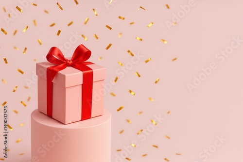 Gift Box With Red Ribbon Surrounded by Golden Confetti on a Pastel Pink Backg...