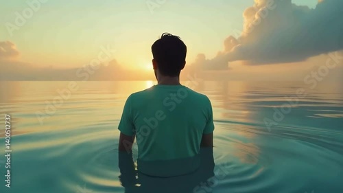 A depressed sad man walks into the ocean at dusk