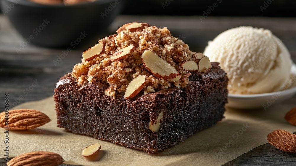 Rich, decadent brownies with fudgy texture and almond topping for extra crunch Rich, decadent brownies with fudgy texture and almond topping for extra crunch