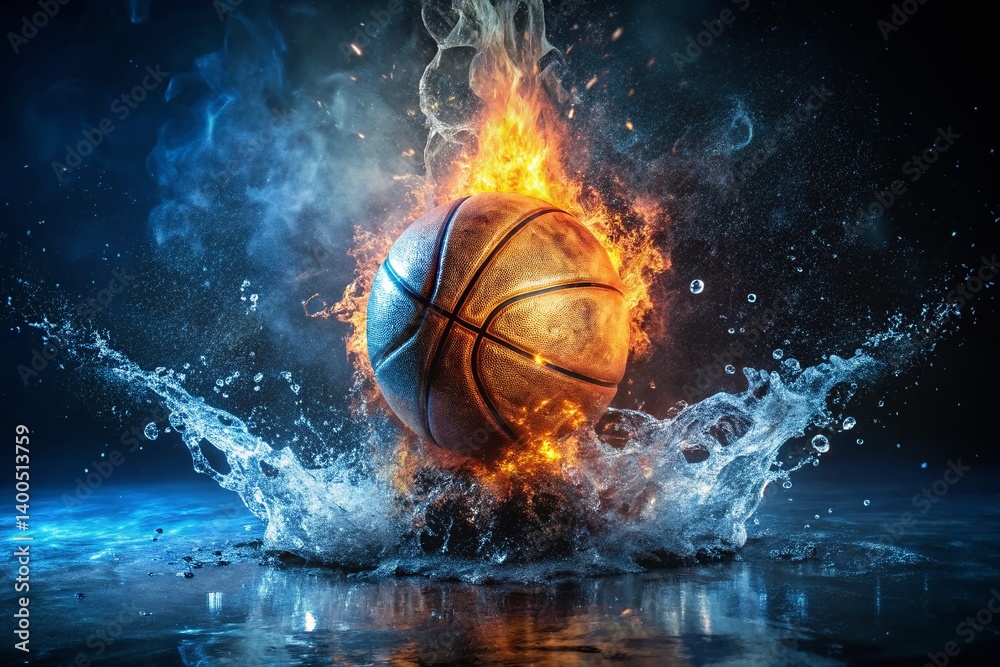Fototapeta premium Fiery Basketball Splash: Dynamic Sports Action Night Photography