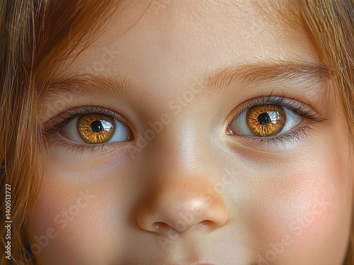 Portrait of a Child with Strabismus Treatment in Close-up Soft Lighting Focused on Eyes photo