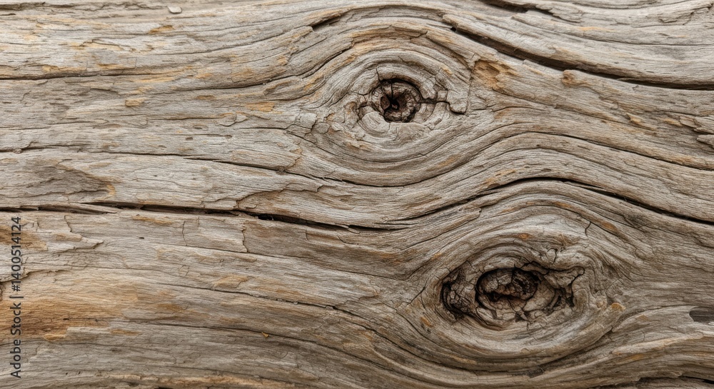 A close-up shows the textured surface of weathered wood with two prominent knots A close-up shows the textured surface of weathered wood with two prominent knots