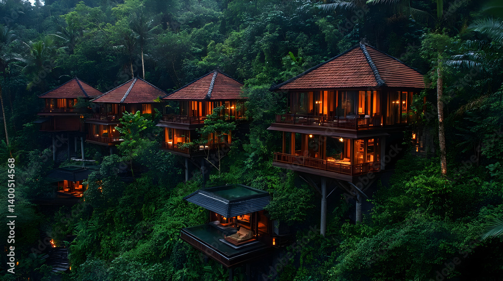 Elevated Treehouse Resort at Twilight Surrounded by Lush Green Forest Canopy with Warm Interior Lighting in Tropical Destination Elevated Treehouse Resort at Twilight Surrounded by Lush Green Forest Canopy with Warm Interior Lighting in Tropical Destination