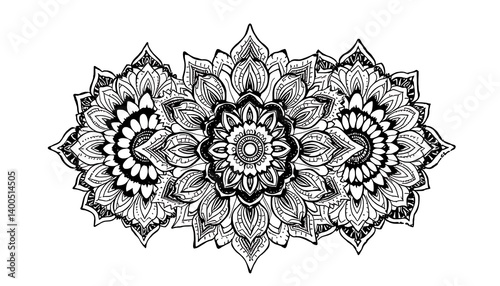 Detailed floral mandala arrangement in black and white creating a complex symmetrical pattern