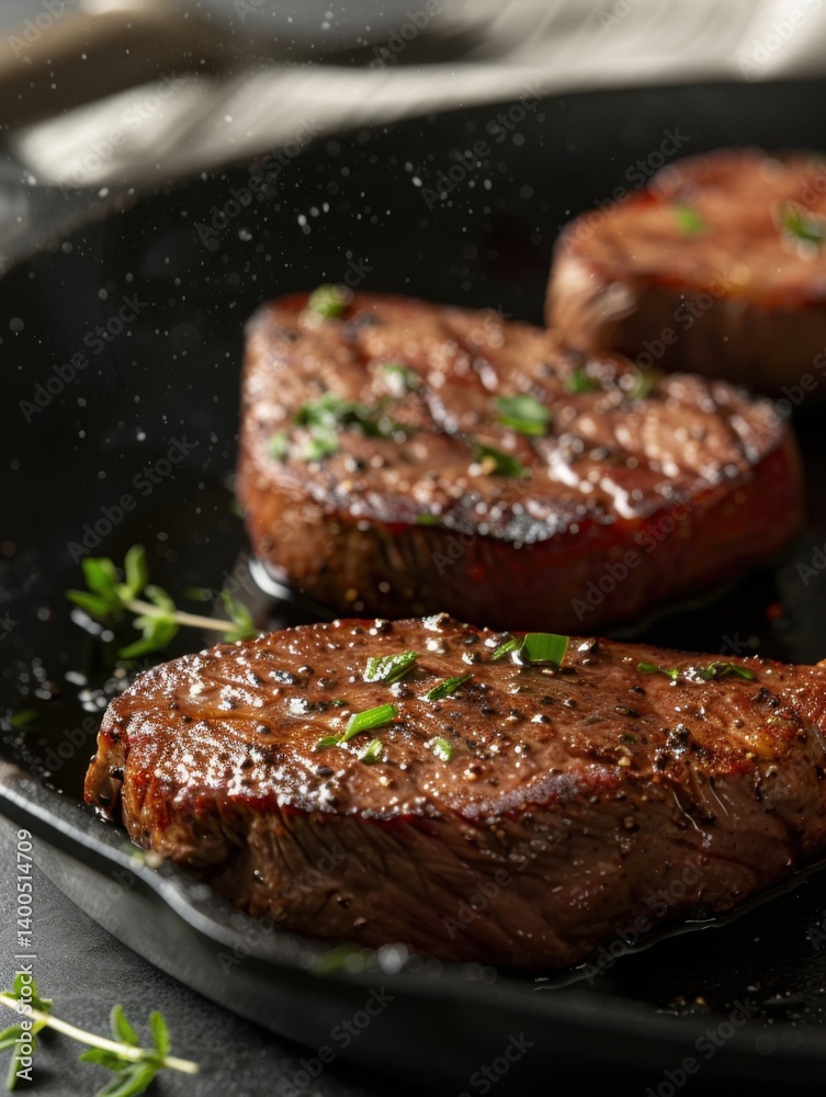 Grilled medium rare beef steak garnished with herbs on a sizzling skillet Grilled medium rare beef steak garnished with herbs on a sizzling skillet