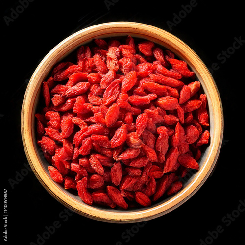 a bowl of goji berries isolated on black background