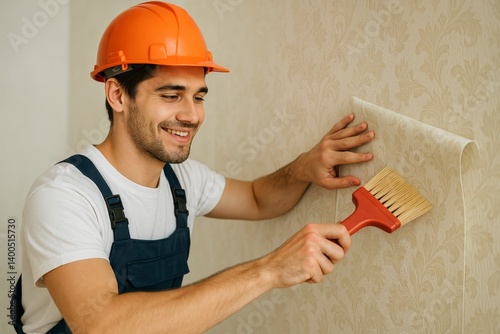 Skilled Worker Applying Wallpaper in a Modern Interior Space During Daylight