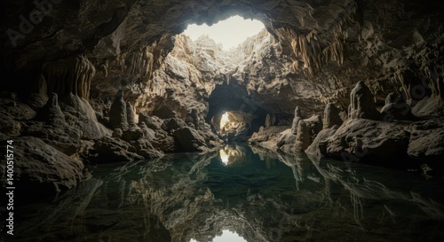 A subterranean cave with still water reflecting the rocky formations and light entering from openings above