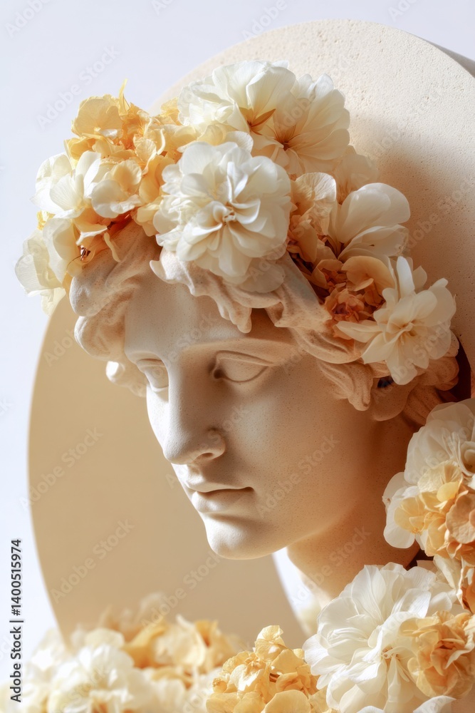 classical Greek-style sculpture from the shoulders up, adorned with soft cream and peach flowers, framed by a pale yellow elliptical shape against a white background