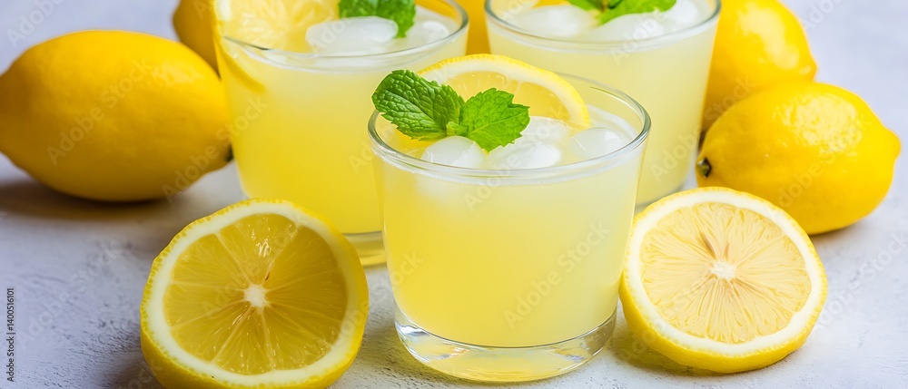 Refreshing lemon drinks with ice and mint on a light surface Refreshing lemon drinks with ice and mint on a light surface