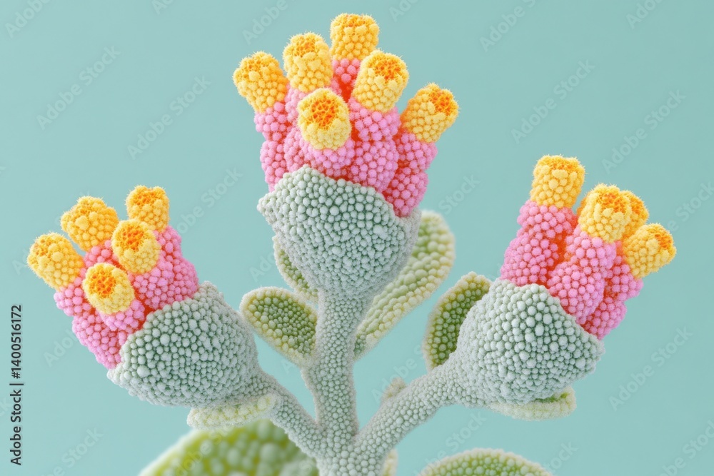 Extreme macro image of a colorful molecular model resembling blooming flowers, featuring vibrant yellow and pink clusters on textured stems against a soft teal background