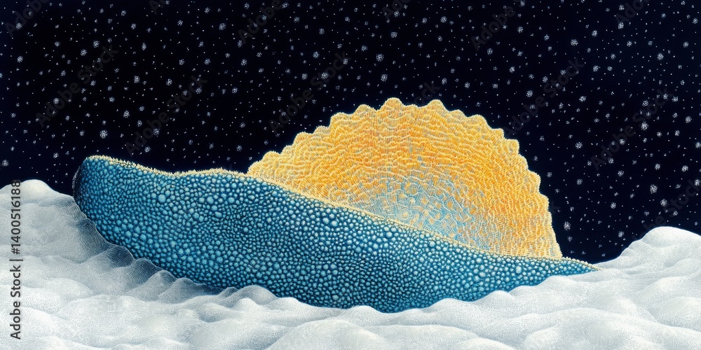 Macro image of a stylized molecular model resembling a surreal sunset over soft, cloud-like structures, with a starry night background and textured surfaces in blue and yellow tones