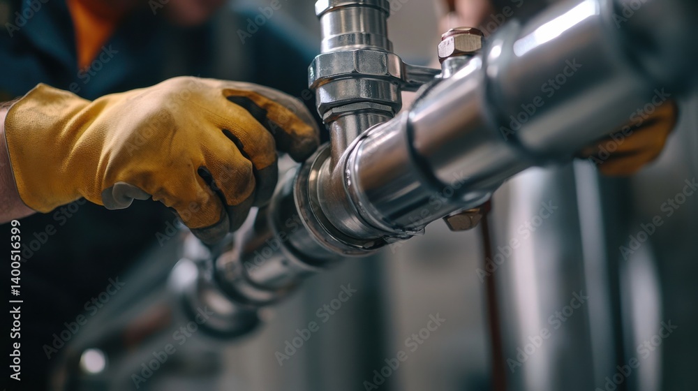 Construction worker adjusting plumbing pipes for installation. Featuring accuracy and planning Construction worker adjusting plumbing pipes for installation. Featuring accuracy and planning