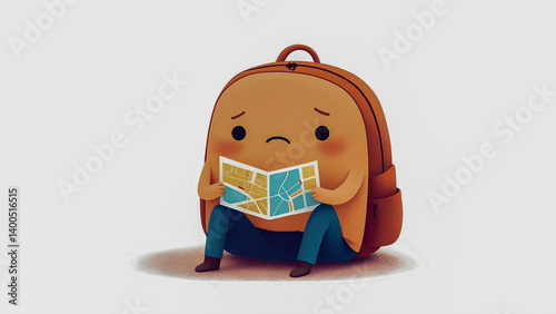 Sad cartoon backpack reading map lost indoors adventure travel concept