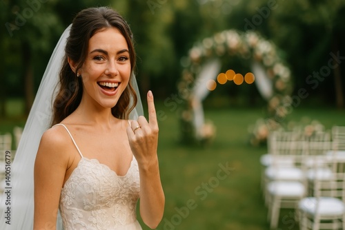 Bride Showing Wedding Ring During Outdoor Ceremony Celebration With Floral Ar...