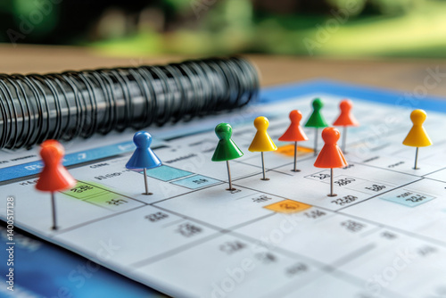 Calendar with pins and pen on top, marking important dates and events.