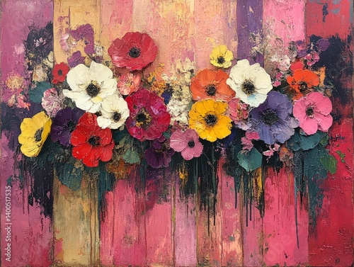 Colorful flowers in vases against a textured pink yellow and purple background.
