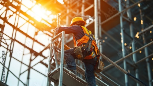 Construction worker adjusting scaffolding for safety. Featuring careful adjustment and safety