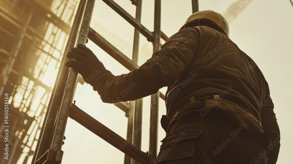 Fototapeta premium Construction worker adjusting scaffolding for safety. Featuring teamwork and safety