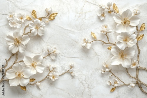 Delicate white flowers on a marble background, featuring gold accents.  Detailed floral arrangements, creating a sense of elegance and luxury