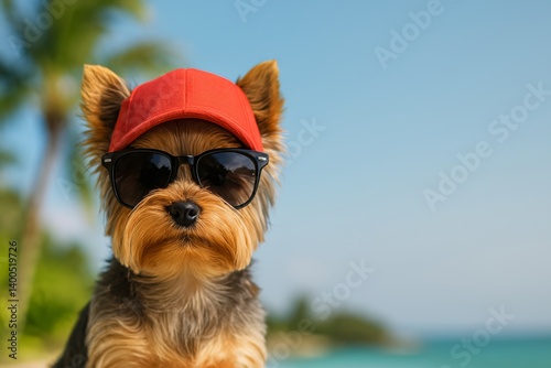 Small Dog Enjoying Sunny Beach Day With Sunglasses and Hat