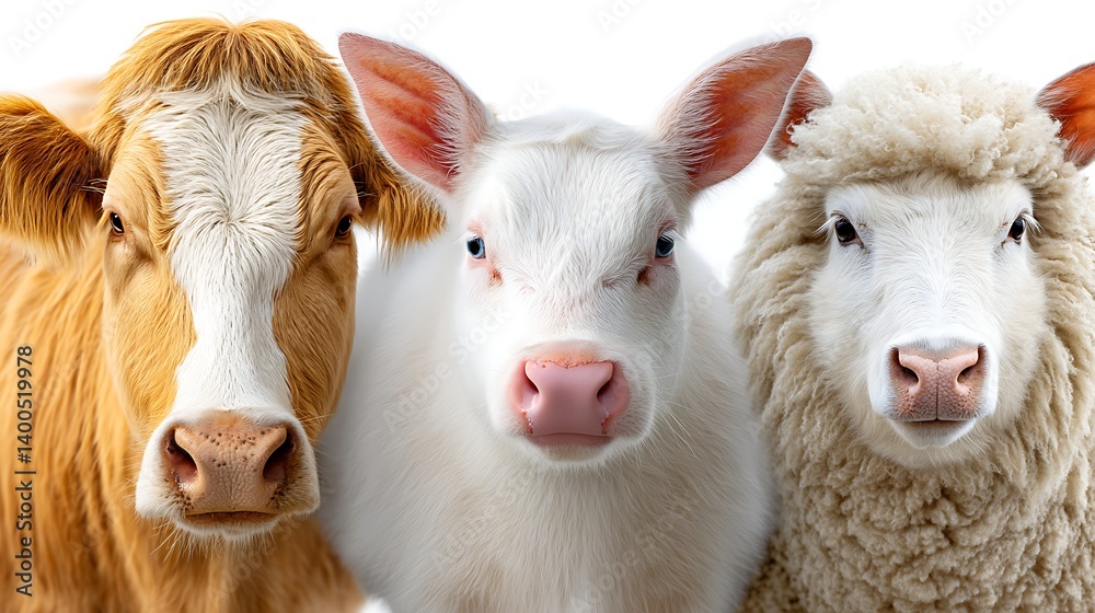 Close up Portrait of Cow Calf and Sheep Farm Animals Livestock Agriculture Close up Portrait of Cow Calf and Sheep Farm Animals Livestock Agriculture