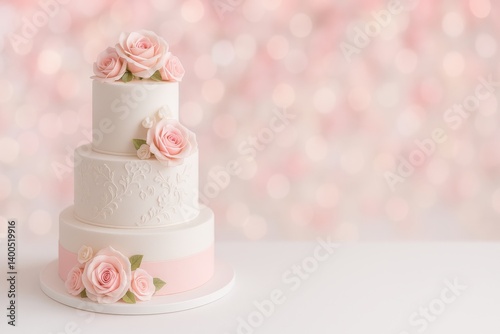 Elegant Three-Tier Wedding Cake Adorned With Pink Roses on a Soft Bokeh Backg...