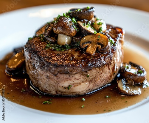 Seared steak with sauteed mushrooms.  A perfectly cooked steak, topped with savory sauteed mushrooms, sits in a rich brown sauce photo