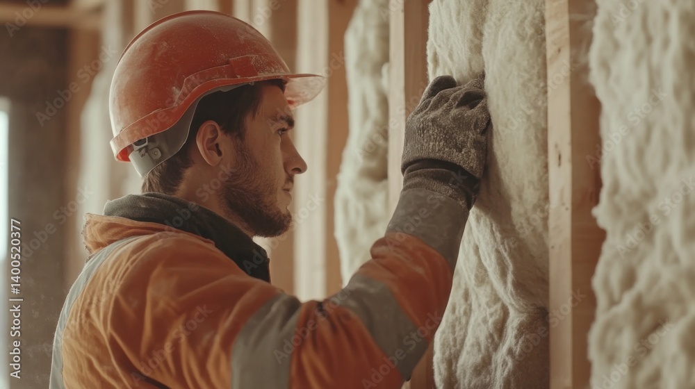 Construction worker applying insulation to a wall. Featuring attention to detail and care Construction worker applying insulation to a wall. Featuring attention to detail and care
