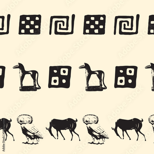 Antike Tiermotive in dekorativem Musterstil. Nahtloses Muster. Vektorillustration