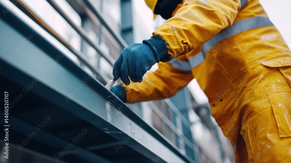 Construction worker applying paint to metal structures. Featuring precision and focus Construction worker applying paint to metal structures. Featuring precision and focus