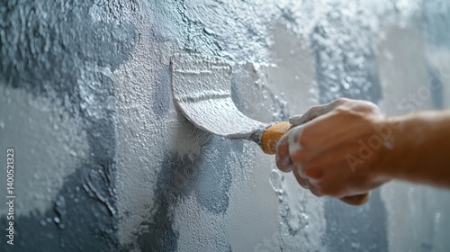 Construction worker applying plaster to walls for finishing. Featuring finesse and craftsmanship