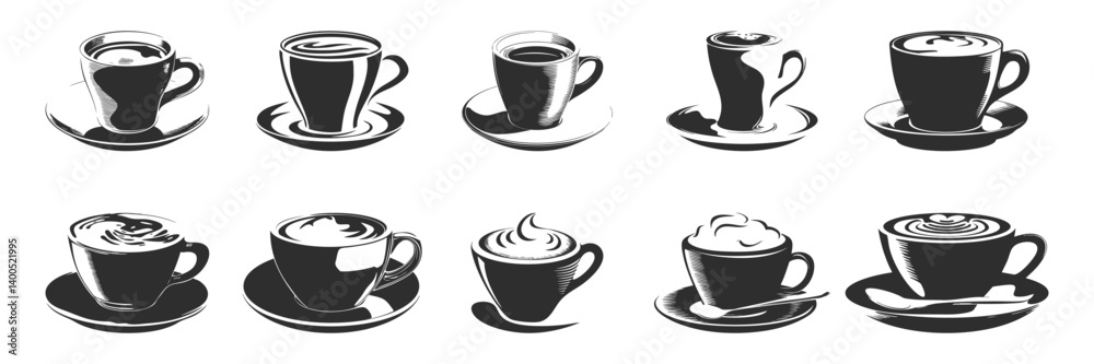 Obraz premium Coffee Cup Silhouette Set. Variety Of Coffee Drinks In Artistic Black And White Style. Isolated Vector Illustration Collection