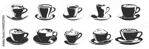 Coffee Cup Silhouette Set. Variety Of Coffee Drinks In Artistic Black And White Style. Isolated Vector Illustration Collection