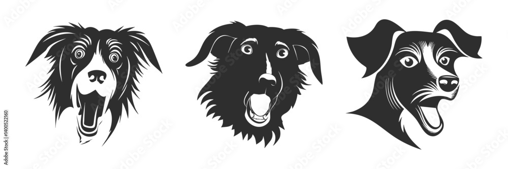 Dog Faces Silhouette Set. Expressive Canine Emotions In Black And White Isolated Vector Illustration Collection Dog Faces Silhouette Set. Expressive Canine Emotions In Black And White Isolated Vector Illustration Collection