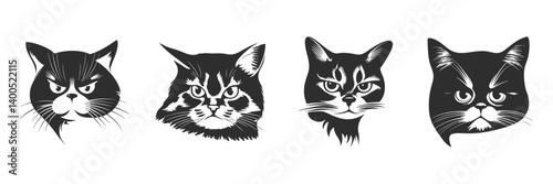 Cat Faces With Intense Expressions Silhouette Set. Feline Emotions And Attitudes Isolated Vector Illustration Collection