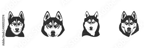 Husky Dog Face Silhouette Set. Siberian Husky Expressions And Features Isolated Vector Illustration Collection