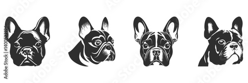 French Bulldog Silhouette Set. Artistic Canine Portraits In Black And White. Isolated Vector Illustration Collection