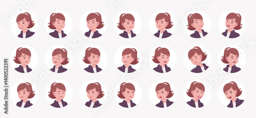 Attractive businesswoman, young adult female avatar portrait set, ponytail hairstyle woman manager bundle. Feelings, face emotion icons, player character mood, user pic circles. Vector illustration