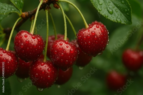 Fresh Cherries With Water Droplets Hanging on a Branch in a Lush Garden Durin...