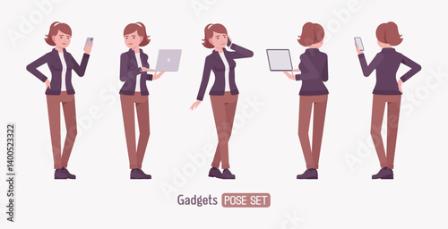 Attractive active young adult woman, gadget user pose set. Casual apparel female model ponytail hairstyle, activewear jacket, pants, everyday effortless comfort. Vector flat style cartoon illustration