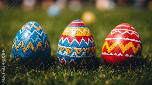 Colorful decorated easter eggs on a grassy surface. photo