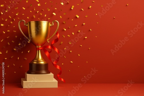 Golden Trophy on Red Background With Confetti and Ribbon for Celebration and ...