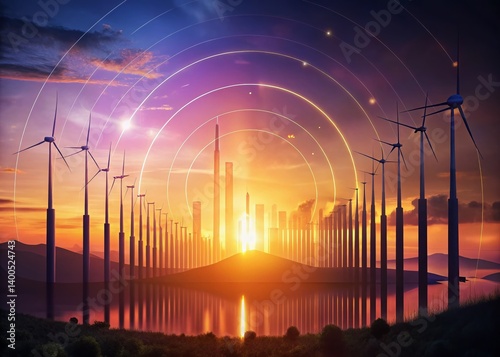 Enigmatic Sunset Silhouette: Wind Energy & Data Convergence