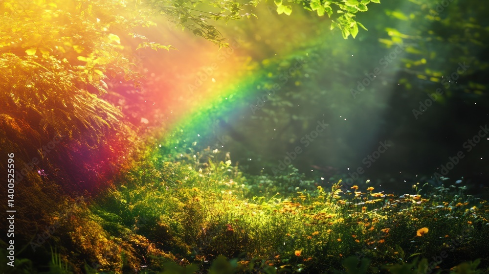 Obraz premium Enchanted Forest Glade: A Luminous Rainbow Kissing Wildflowers and Verdant Moss