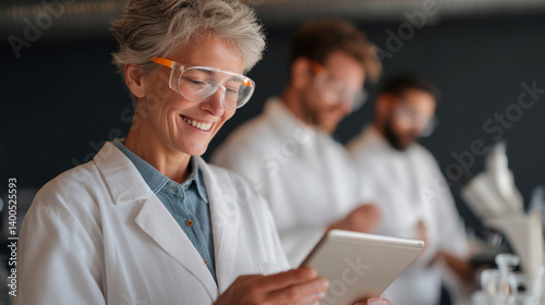 Woman in lab coat looking at tablet with colleagues in background performing research work in lab